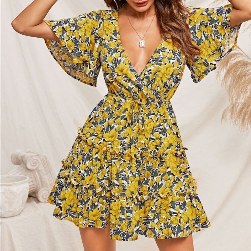Blue and Yellow Floral Ruffle Mini Dress - Picture 2 of 8